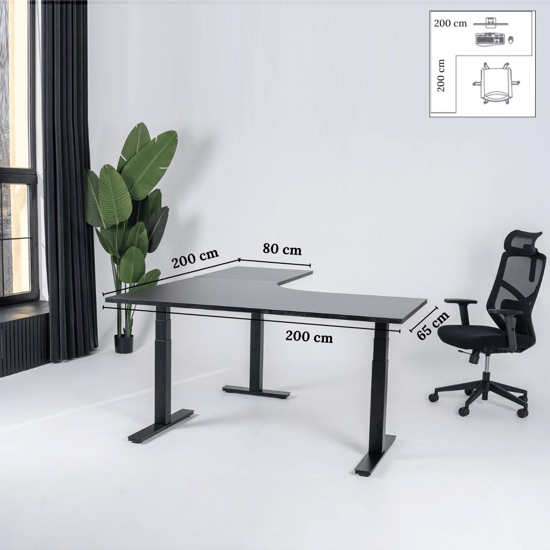 Elektra reguliuojamo aukščio stalas Prestige Line, L formos, 200 cm x 200 cm – Juoda / Juoda / Kairysis