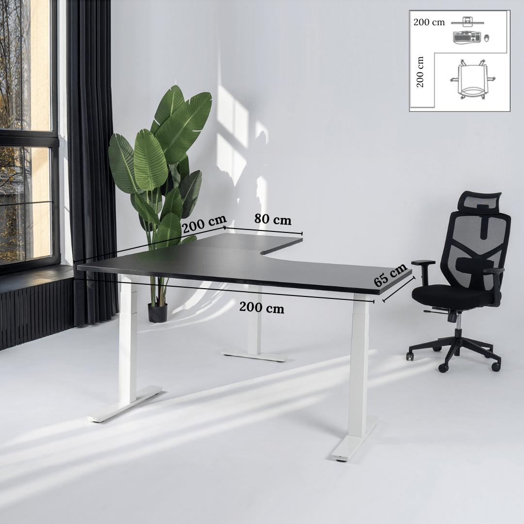 Elektra reguliuojamo aukščio stalas Prestige Line, L formos, 200 cm x 200 cm – Juoda / Balta / Kairysis