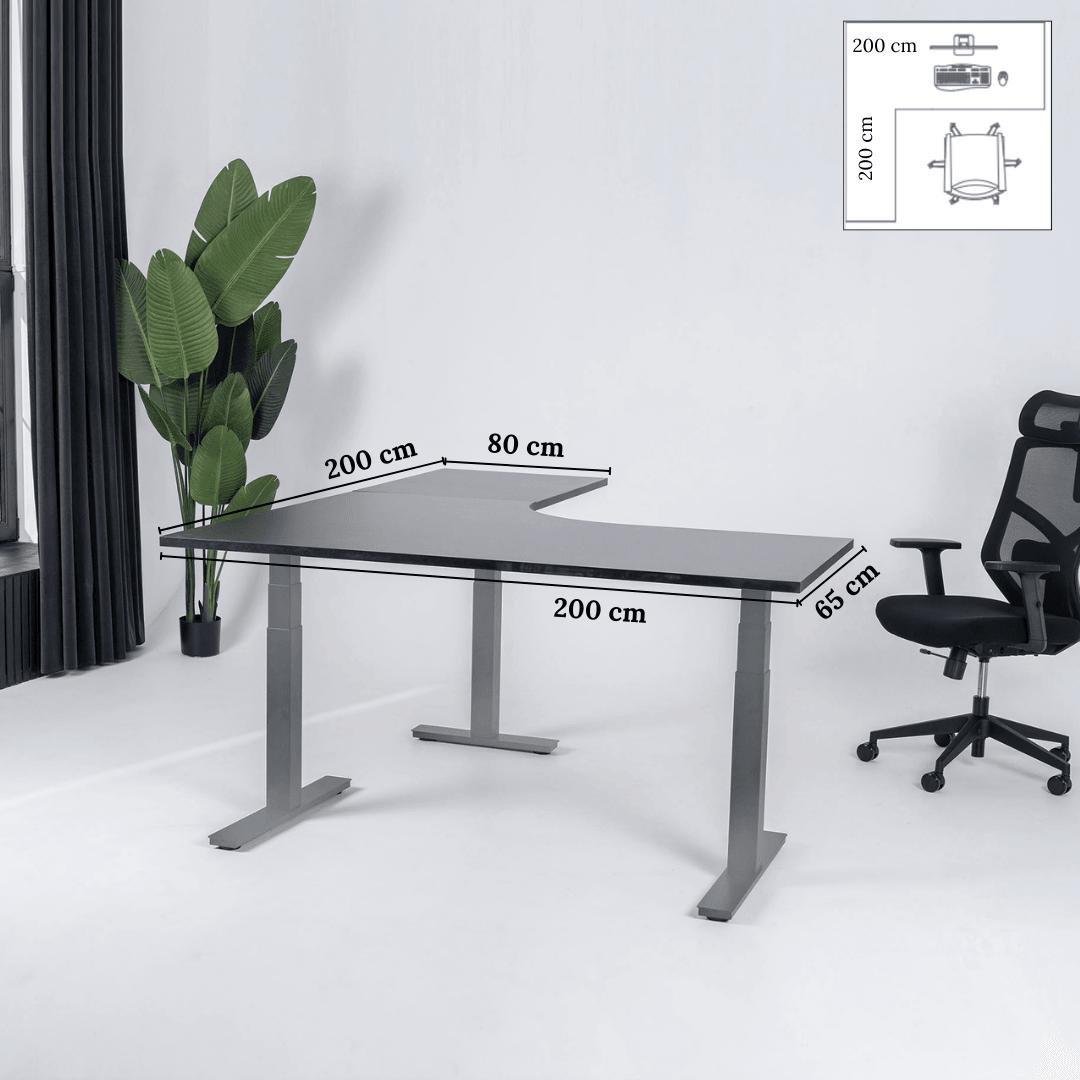 Elektra reguliuojamo aukščio stalas Prestige Line, L formos, 200 cm x 200 cm – Juoda / Pilka / Kairysis
