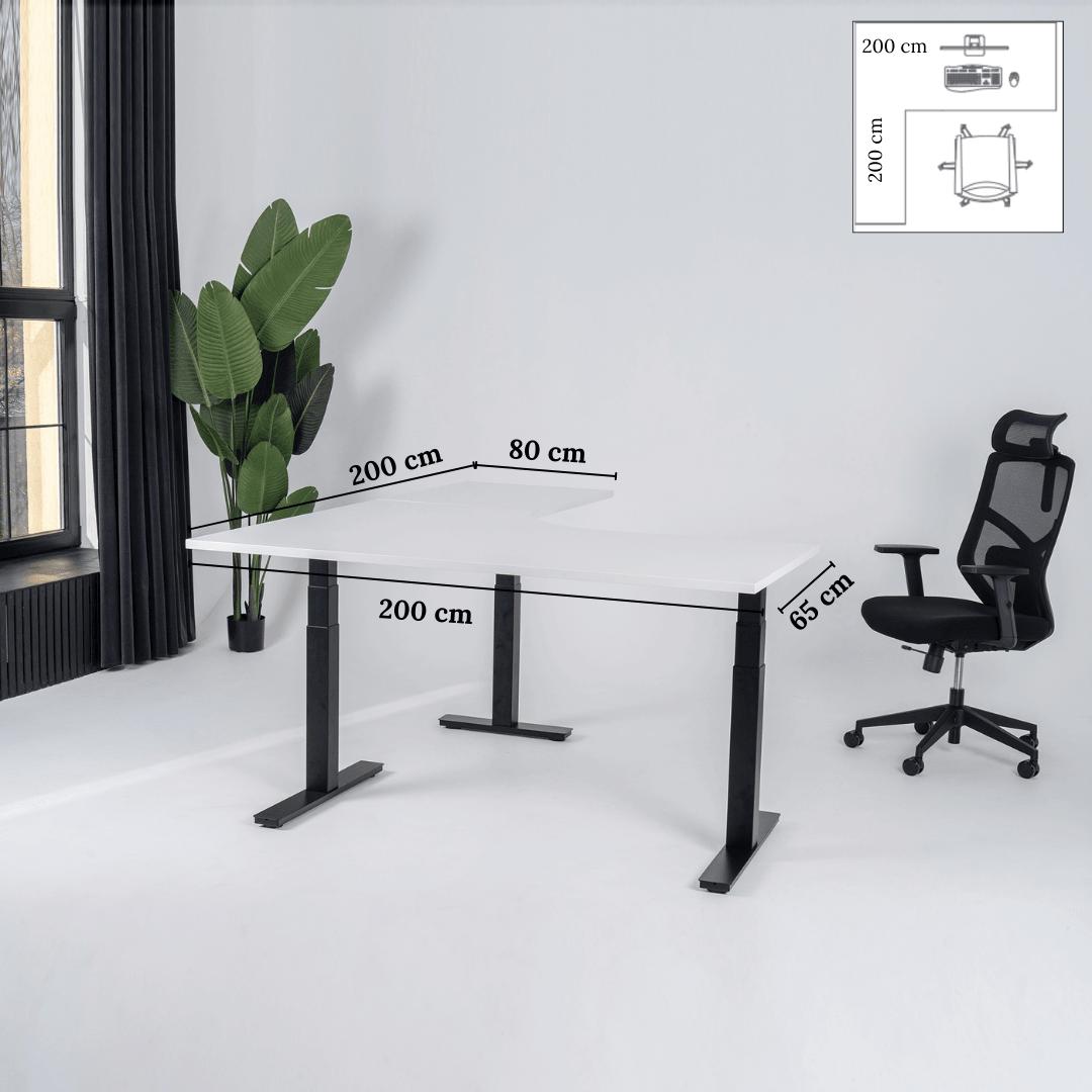 Elektra reguliuojamo aukščio stalas Prestige Line, L formos, 200 cm x 200 cm – Balta / Juoda / Kairysis