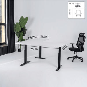 Elektra reguliuojamo aukščio stalas Prestige Line, L formos, 200 cm x 200 cm – Balta / Juoda / Kairysis
