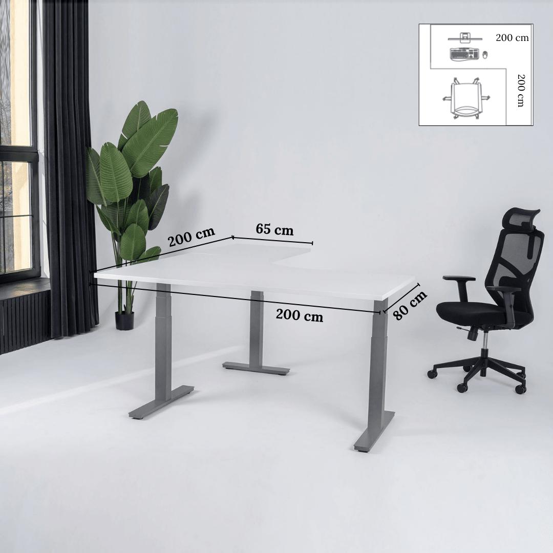 Elektra reguliuojamo aukščio stalas Prestige Line, L formos, 200 cm x 200 cm – Balta / Pilka / Dešinysis