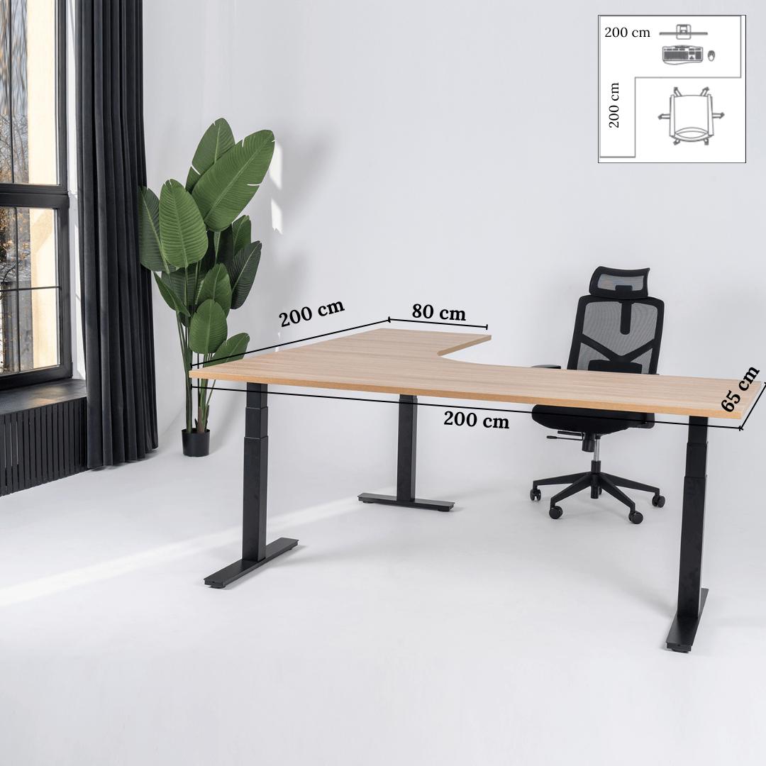 Elektra reguliuojamo aukščio stalas Prestige Line, L formos, 200 cm x 200 cm – Amerikietiškas ąžuolas / Juoda / Kairysis