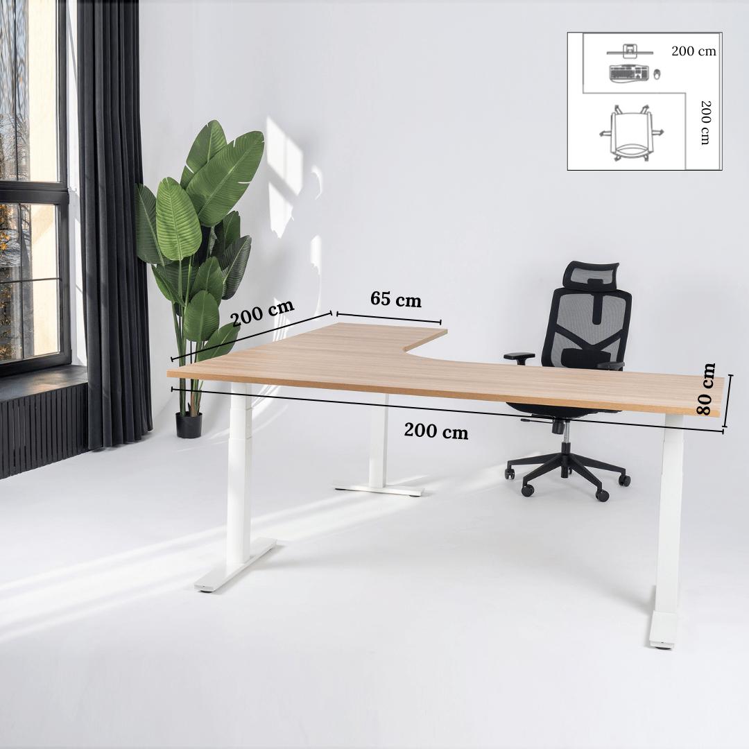Elektra reguliuojamo aukščio stalas Prestige Line, L formos, 200 cm x 200 cm – Amerikietiškas ąžuolas / Balta / Dešinysis