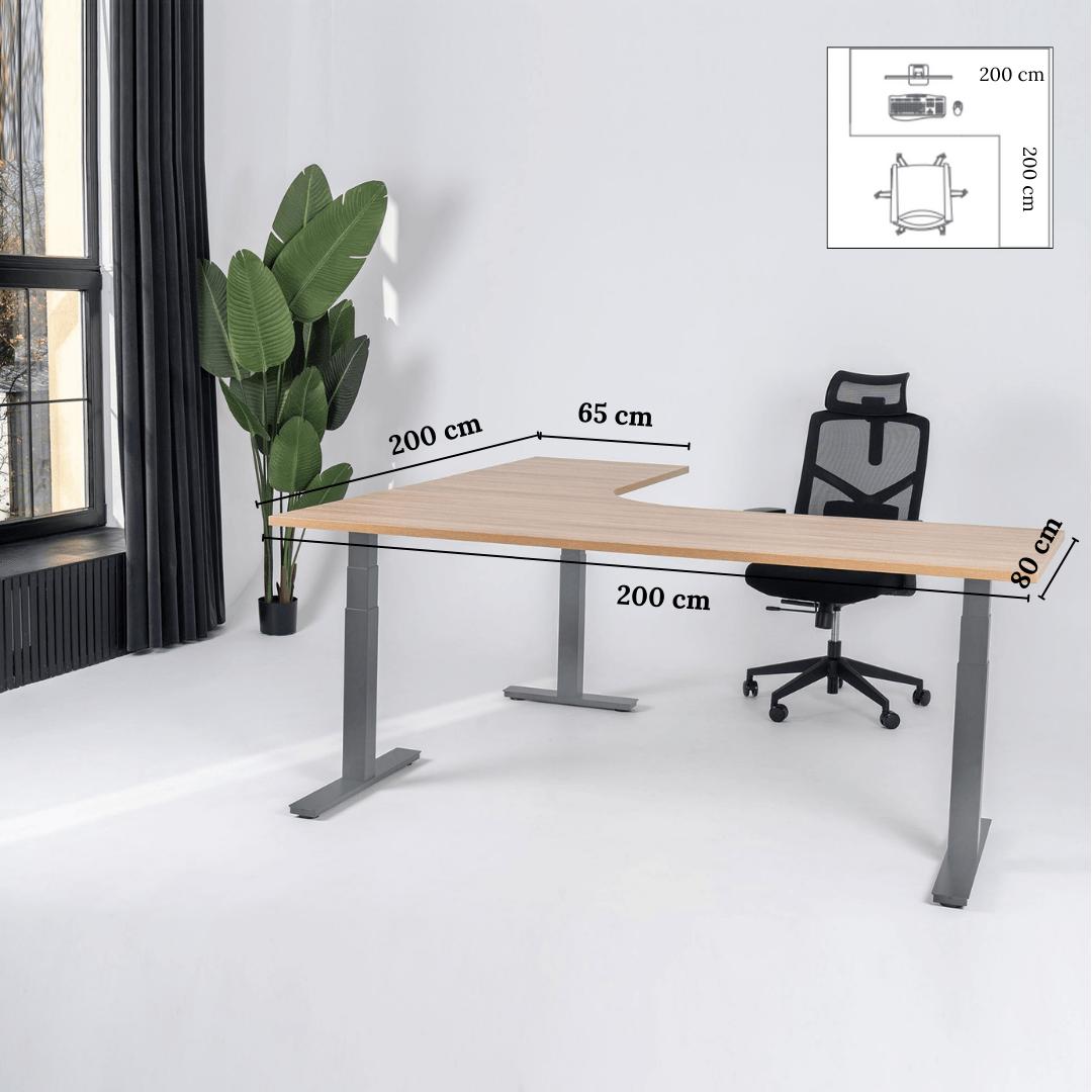 Elektra reguliuojamo aukščio stalas Prestige Line, L formos, 200 cm x 200 cm – Amerikietiškas ąžuolas / Pilka / Dešinysis