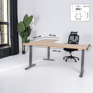 Elektra reguliuojamo aukščio stalas Prestige Line, L formos, 200 cm x 200 cm – Amerikietiškas ąžuolas / Pilka / Dešinysis