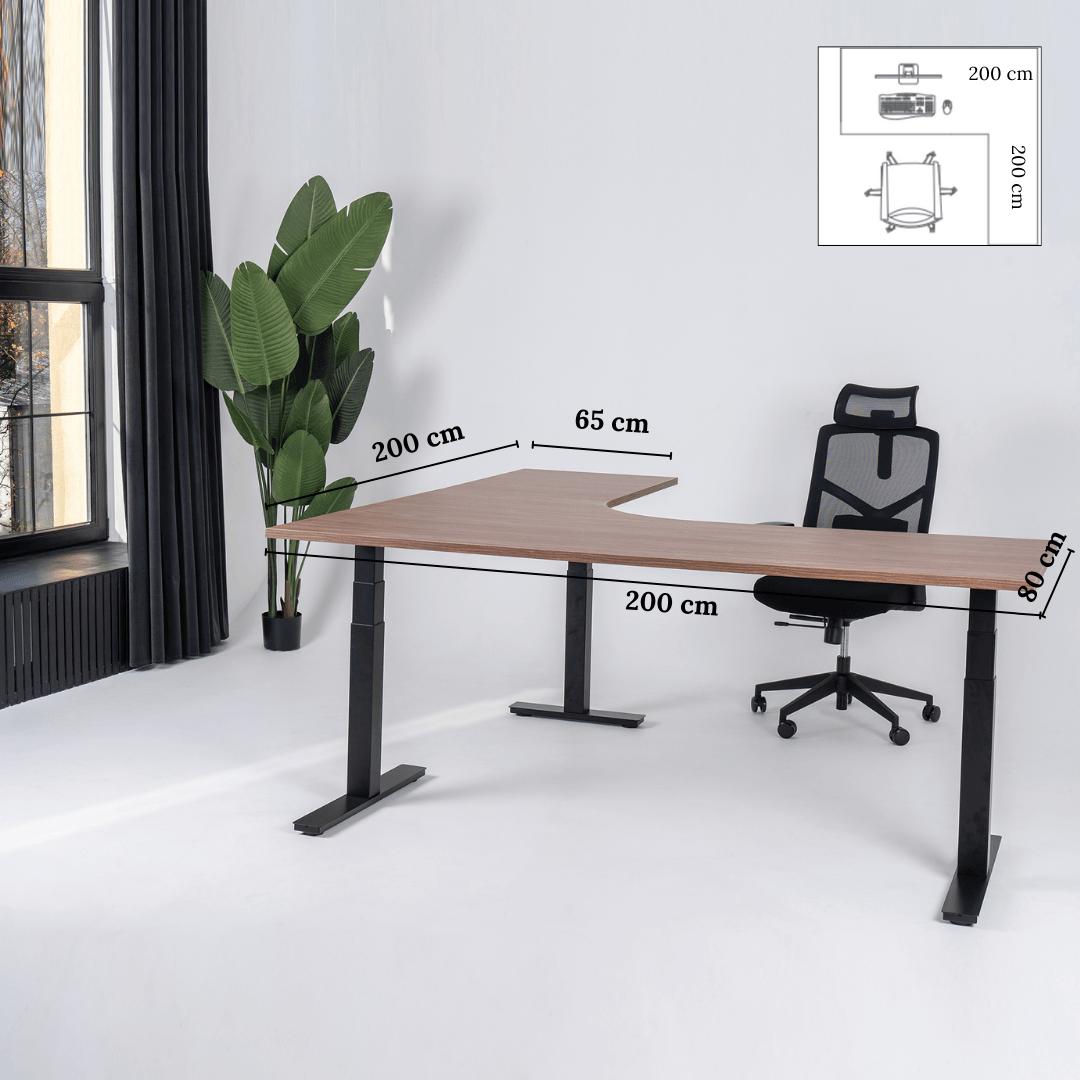 Elektra reguliuojamo aukščio stalas Prestige Line, L formos, 200 cm x 200 cm – Riešutmedis / Juoda / Dešinysis