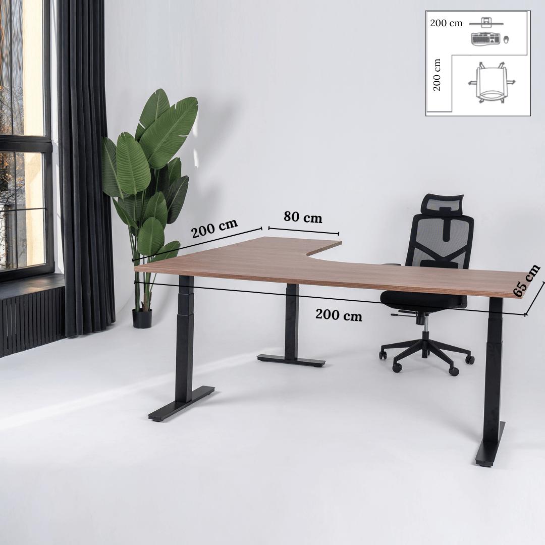 Elektra reguliuojamo aukščio stalas Prestige Line, L formos, 200 cm x 200 cm – Riešutmedis / Juoda / Kairysis