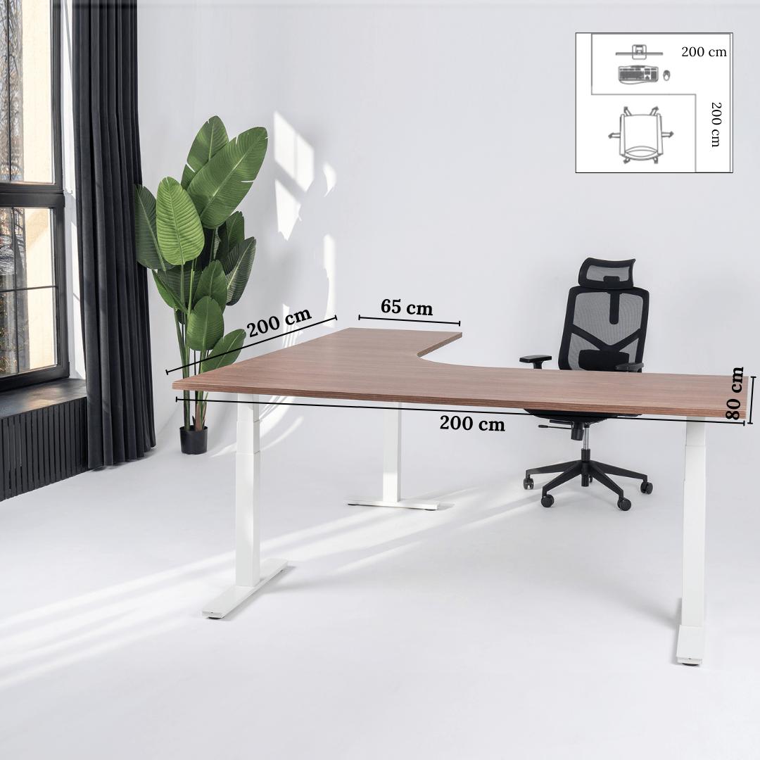 Elektra reguliuojamo aukščio stalas Prestige Line, L formos, 200 cm x 200 cm – Riešutmedis / Balta / Dešinysis