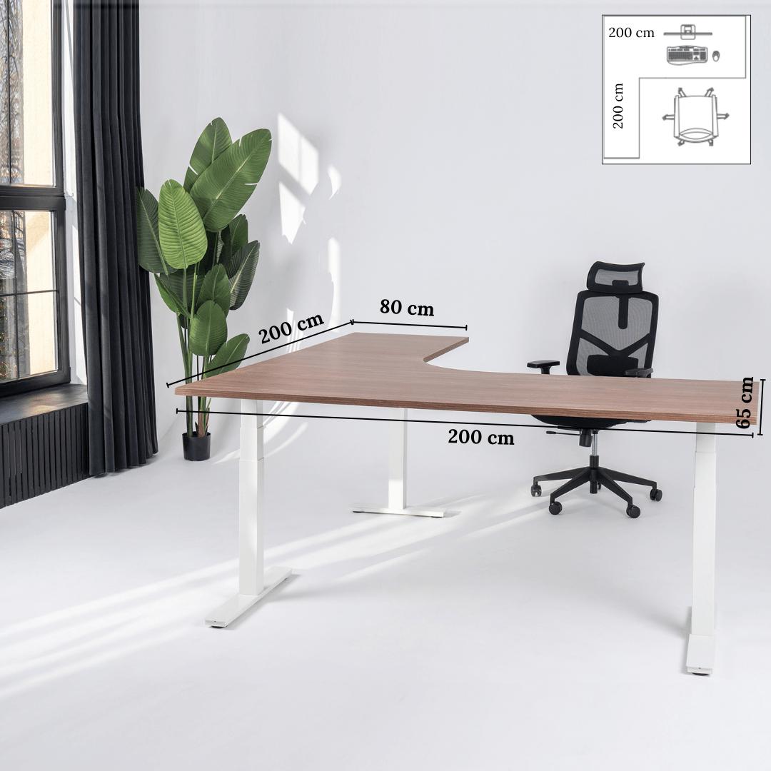 Elektra reguliuojamo aukščio stalas Prestige Line, L formos, 200 cm x 200 cm – Riešutmedis / Balta / Kairysis