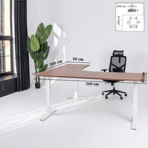 Elektra reguliuojamo aukščio stalas Prestige Line, L formos, 200 cm x 200 cm – Riešutmedis / Balta / Kairysis