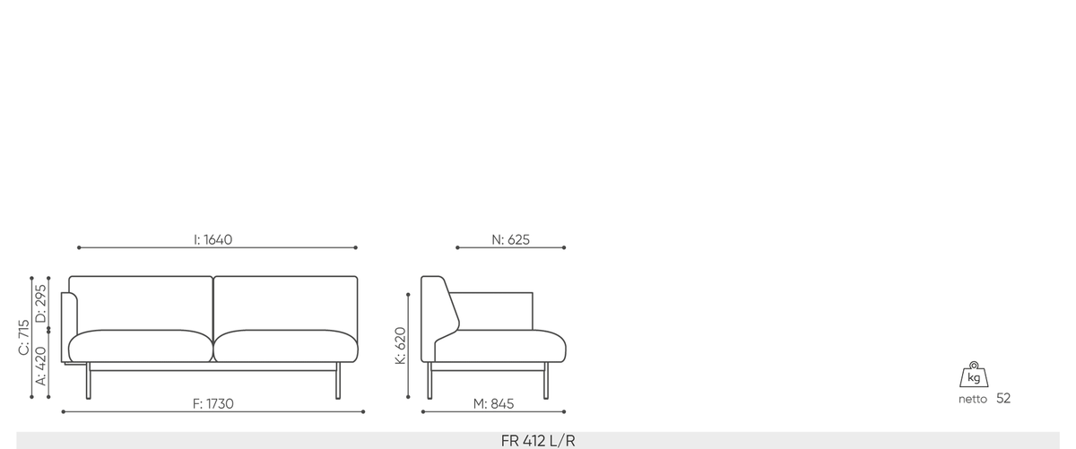 Sofos FORA 412 matmenys: 1730 x 845 x 715 mm