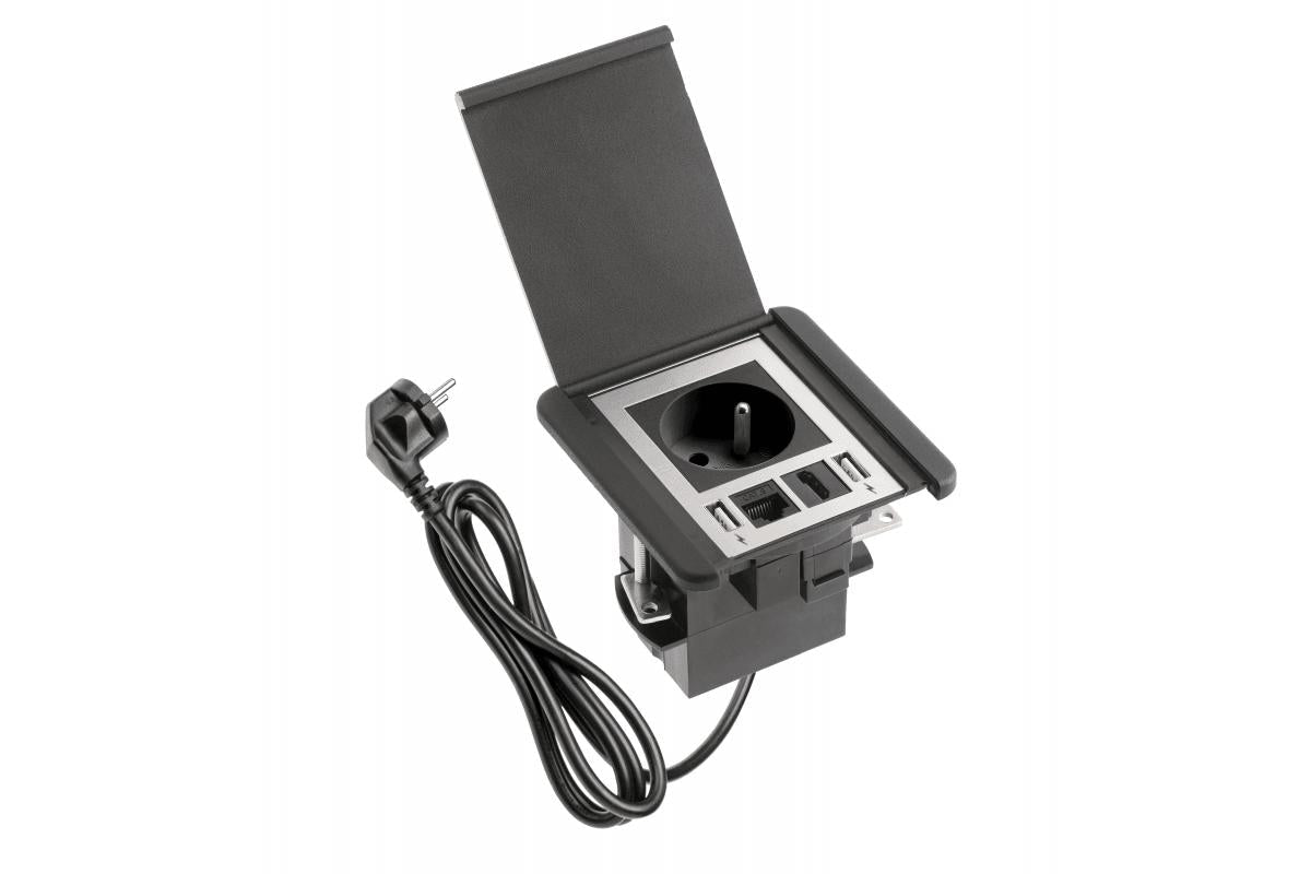 Iebūvējama Rozete ar atveramu aizsargvāku, 1x SCHUKO, 2xUSB A, 1x HDMI – Melna