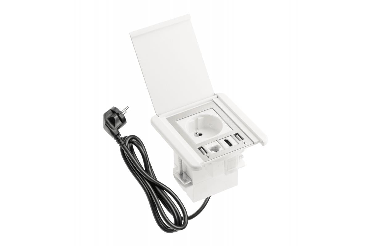 Iebūvējama Rozete ar atveramu aizsargvāku, 1x SCHUKO, 2xUSB A, 1x HDMI – Balta