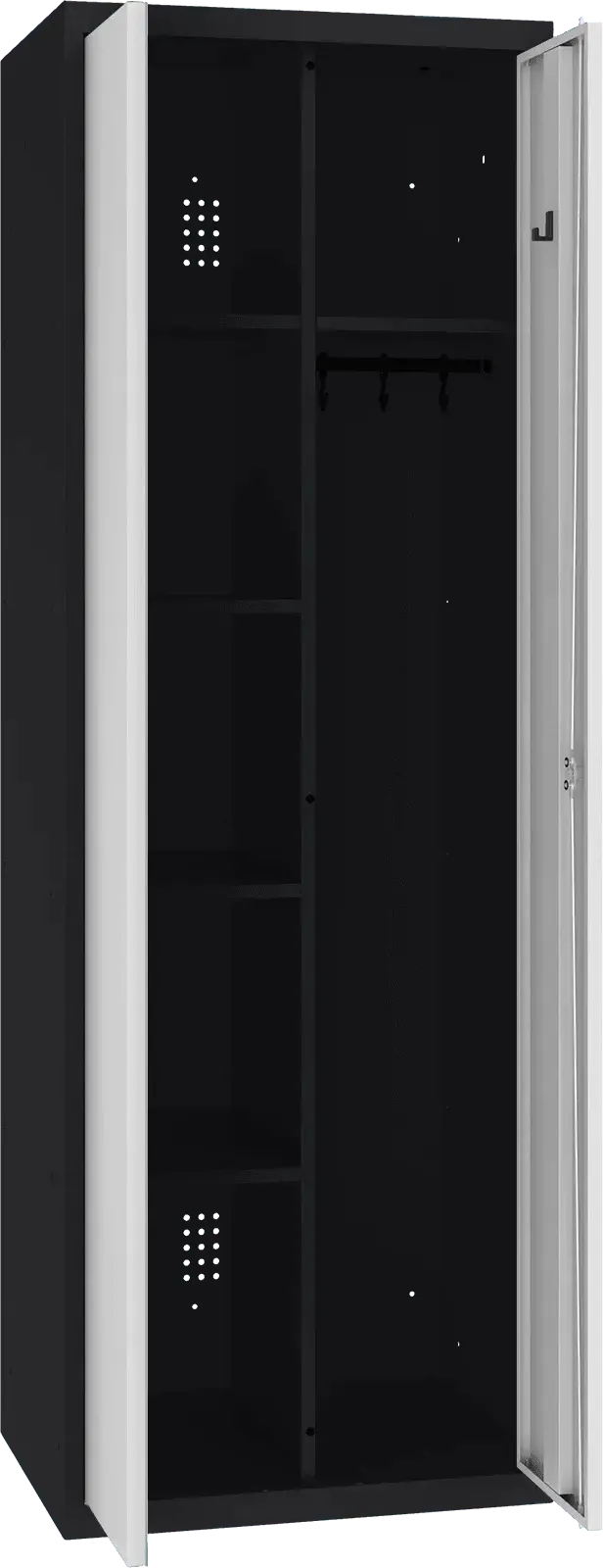 Inventoriaus spinta su kabykla 1800x600x500 mm – juoda / šviesiai pilka