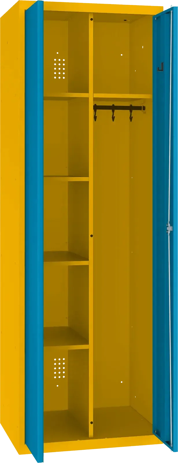 Inventoriaus spinta su kabykla 1800x600x500 mm – geltona / mėlyna