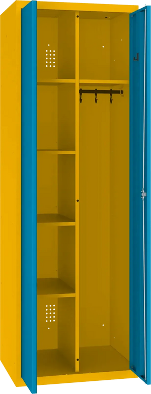 Inventoriaus spinta su kabykla 1800x600x500 mm – geltona / mėlyna