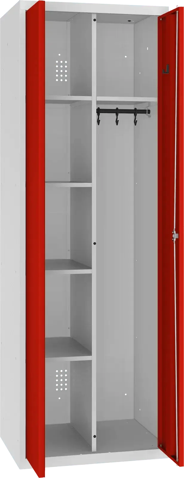 Inventoriaus spinta su kabykla 1800x600x500 mm – šviesiai pilka / raudona