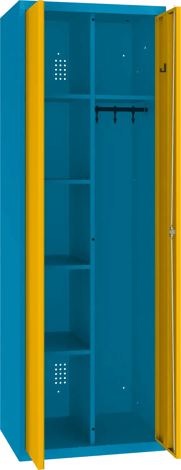 Inventoriaus spinta su kabykla 1800x600x500 mm – mėlyna / geltona