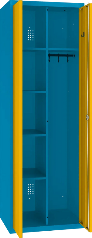 Inventoriaus spinta su kabykla 1800x600x500 mm – mėlyna / geltona