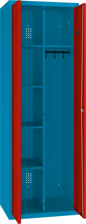Inventoriaus spinta su kabykla 1800x600x500 mm – mėlyna / raudona