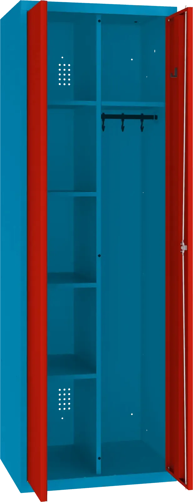 Inventoriaus spinta su kabykla 1800x600x500 mm – mėlyna / raudona