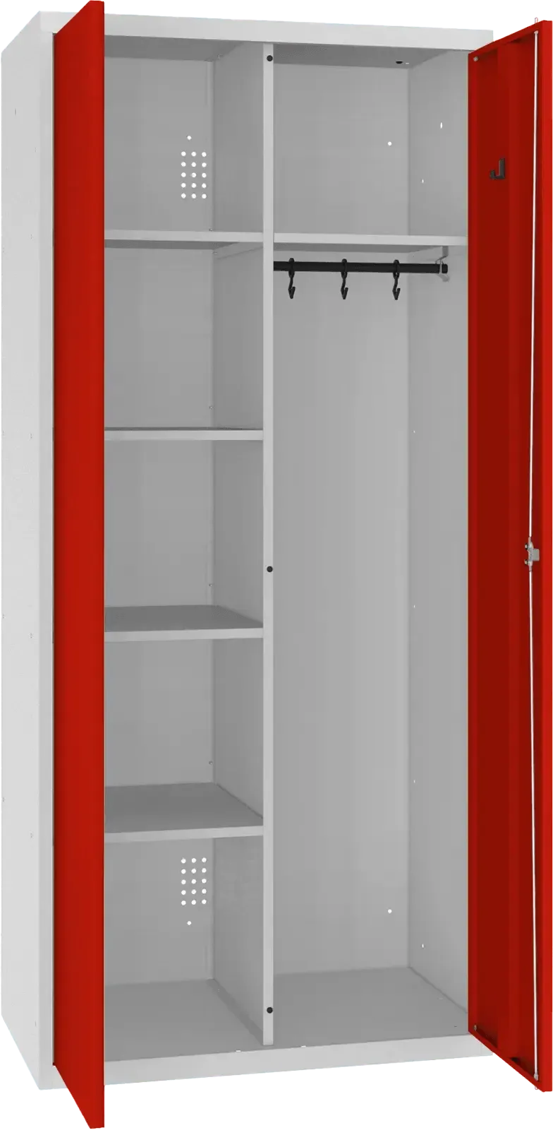 Inventoriaus spinta su kabykla 1800x800x500 mm – šviesiai pilka / raudona
