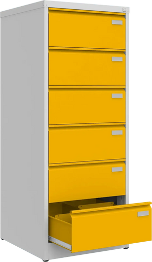 Metalinė kartotekos spinta Archive, 1518x608x633 mm, B5 formatui – šviesiai pilka / geltona