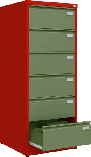 Metalinė kartotekos spinta Archive, 1518x608x633 mm, B5 formatui – raudona / žalia
