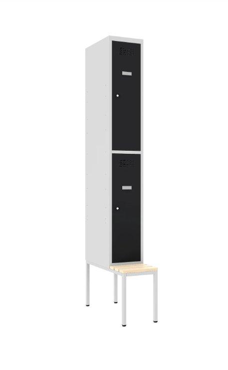 Metalinė spintelė Classic 1R su suoliuku, 2 skyriai – šviesiai pilka / juoda