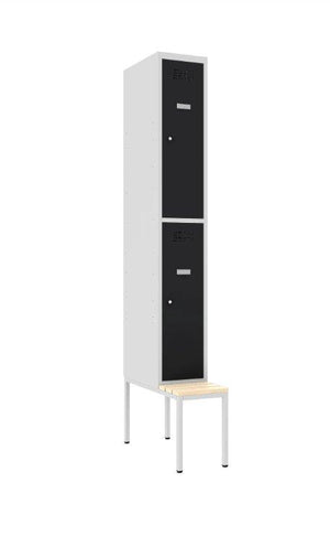 Metalinė spintelė Classic 1R su suoliuku, 2 skyriai – šviesiai pilka / juoda