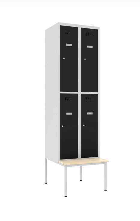 Metalinė spinta Classic 2R su suoliuku, 4 skyriai – šviesiai pilka / juoda