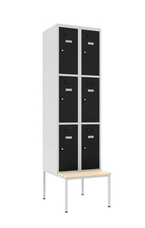 Metalinė spintelė Classic 2R su suoliuku, 6 skyriai – šviesiai pilka / juoda