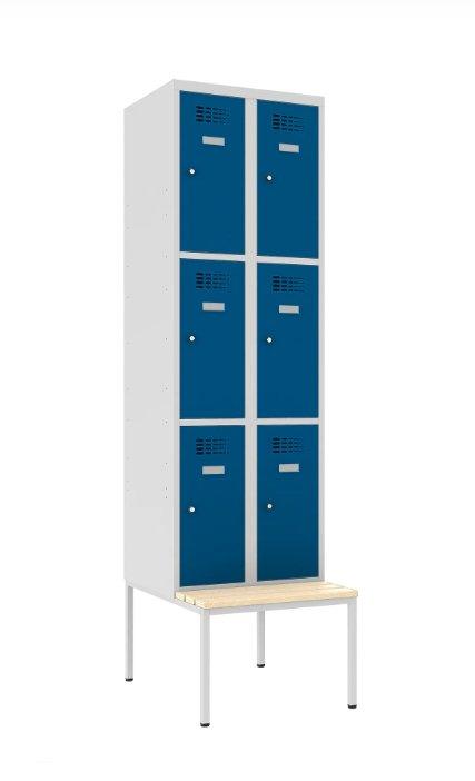 Metalinė spintelė Classic 2R su suoliuku, 6 skyriai – šviesiai pilka / mėlyna