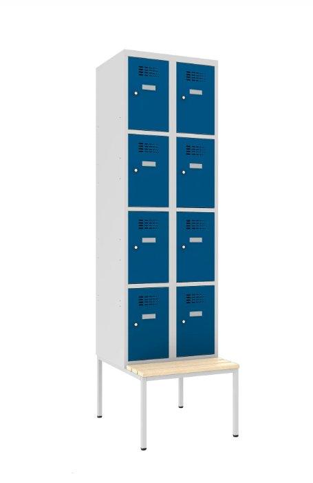 Metalinė spintelė Classic 2R su suoliuku, 8 skyrių – šviesiai pilka / mėlyna
