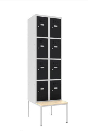 Metalinė spintelė Classic 2R su suoliuku, 8 skyrių – šviesiai pilka / juoda