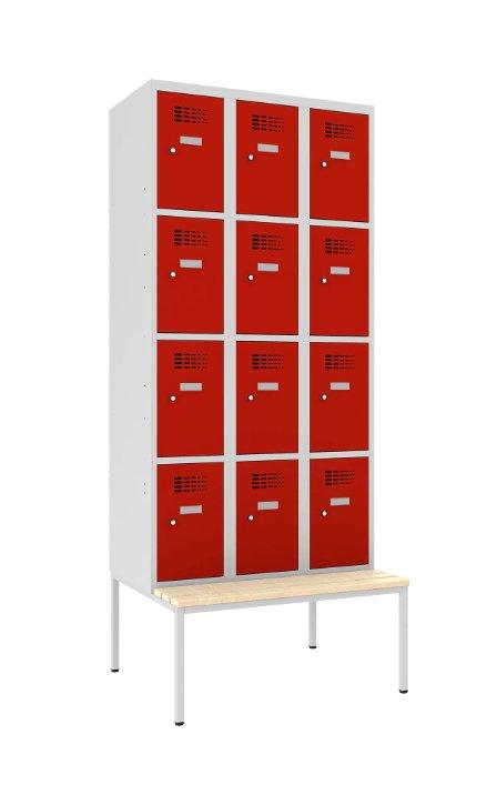 Metalinė spintelė Classic 3R su suoliuku, 12 skyrelių – šviesiai pilka / raudona