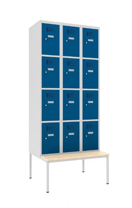 Metalinė spintelė Classic 3R su suoliuku, 12 skyrelių – šviesiai pilka / mėlyna