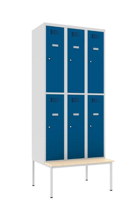 Metalinė spinta Classic 3R su suoliuku, 6 skyriai – šviesiai pilka / mėlyna