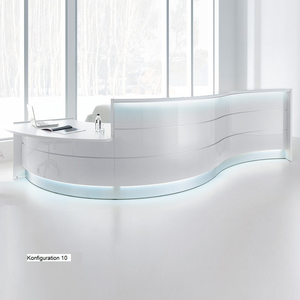 Registratūros stalas VALDE CURVED LOW MODULE IX, 439 x 164 cm, konfigūruojamas