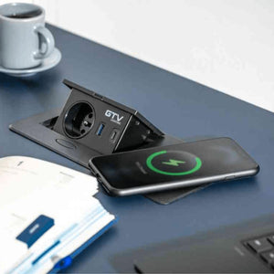 Elektros lizdų blokas AVARO PLUS, 1x SCHUKO, USB A + C, 5W belaidis įkroviklis