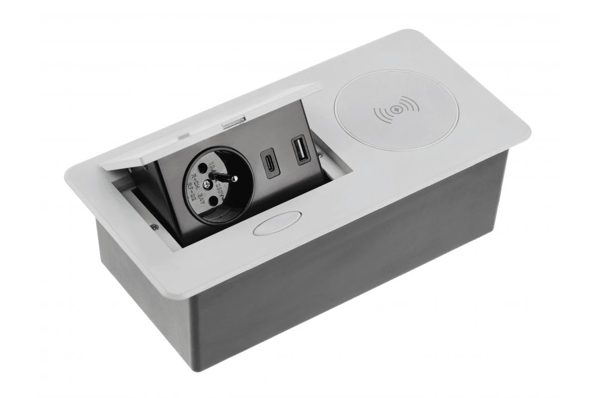 Elektros lizdų blokas AVARO PLUS, 1x SCHUKO, USB A + C, 5W belaidis įkroviklis – sidabrinis