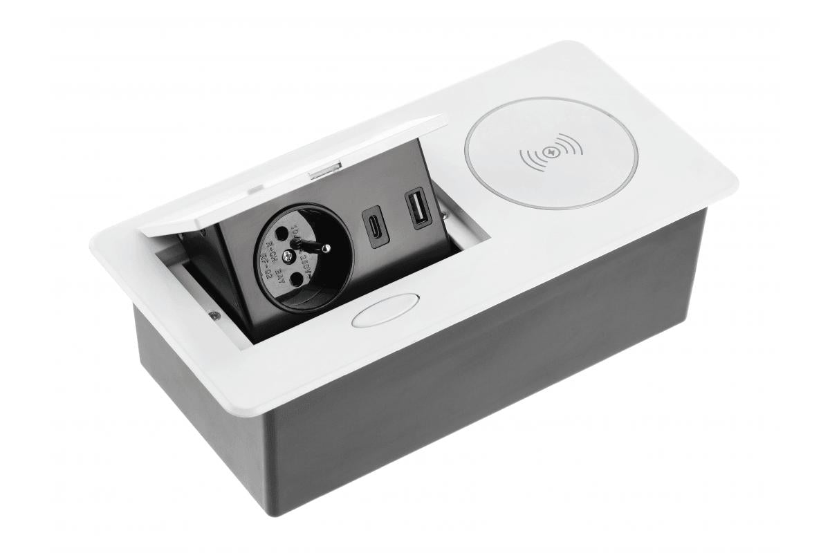 Elektros lizdų blokas AVARO PLUS, 1x SCHUKO, USB A + C, 5W belaidis įkroviklis – baltas