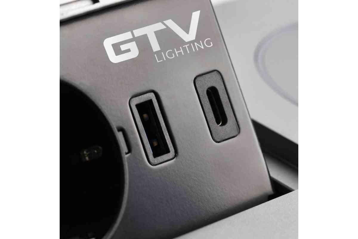 Elektros lizdų blokas AVARO PLUS, 1x SCHUKO, USB A + C, 5W belaidis įkroviklis