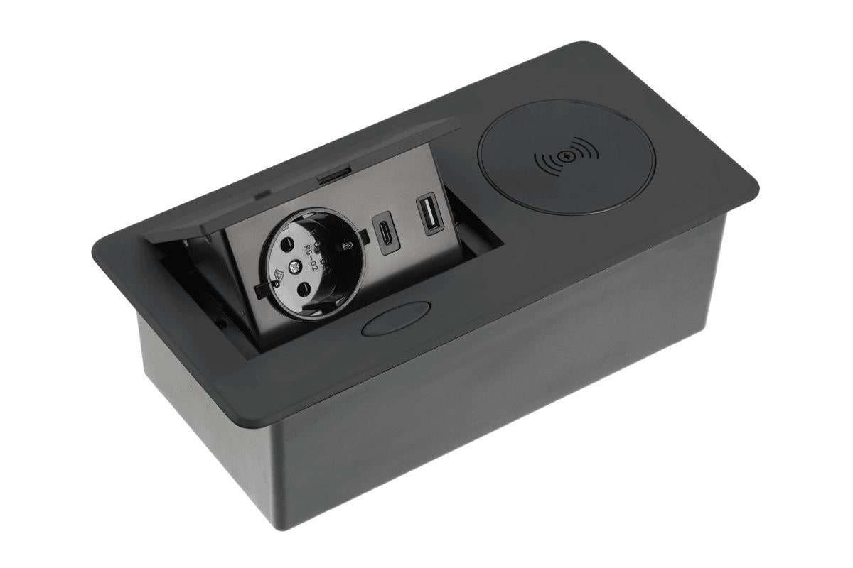 Elektros lizdų blokas AVARO PLUS, 1x SCHUKO, USB A + C, 5W belaidis įkroviklis – juodas