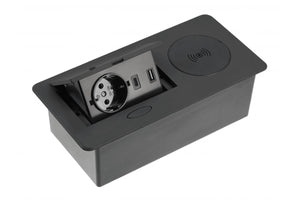 Elektros lizdų blokas AVARO PLUS, 1x SCHUKO, USB A + C, 5W belaidis įkroviklis – juodas